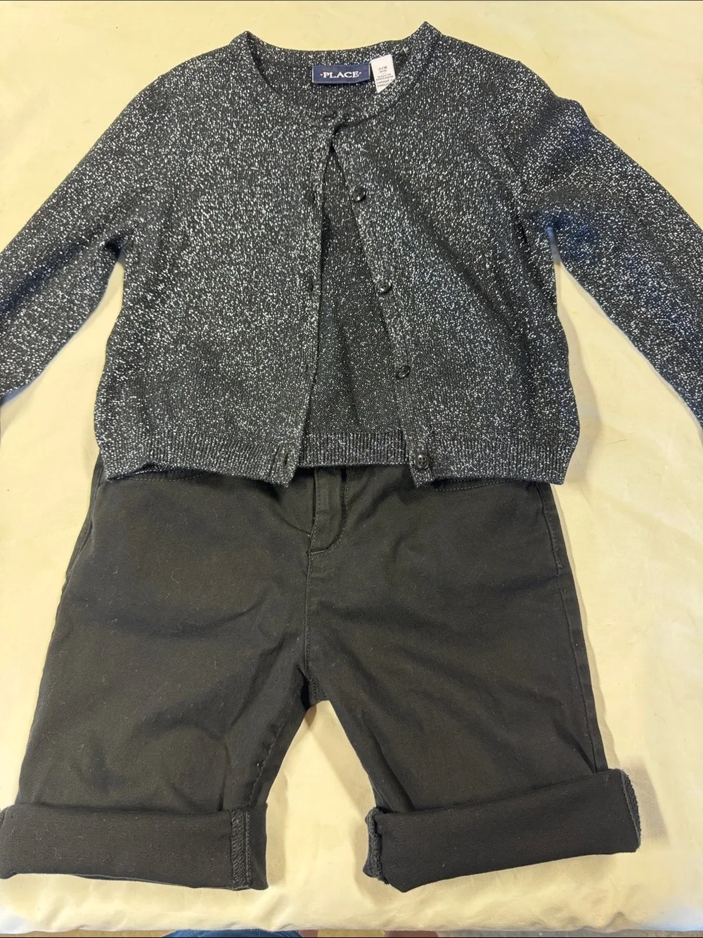 The Children's Place Black Sparkle Crewneck Cardigan and black shorts💕